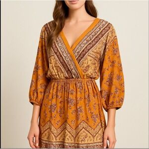 Andree by Unit Orange Boho Paisley Floral Print V Neck Kimono Sleeve Dress M